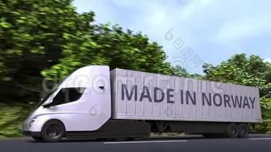 拖车卡车与MADE在挪威文字在一边。 挪威进出口相关可循环3D动画